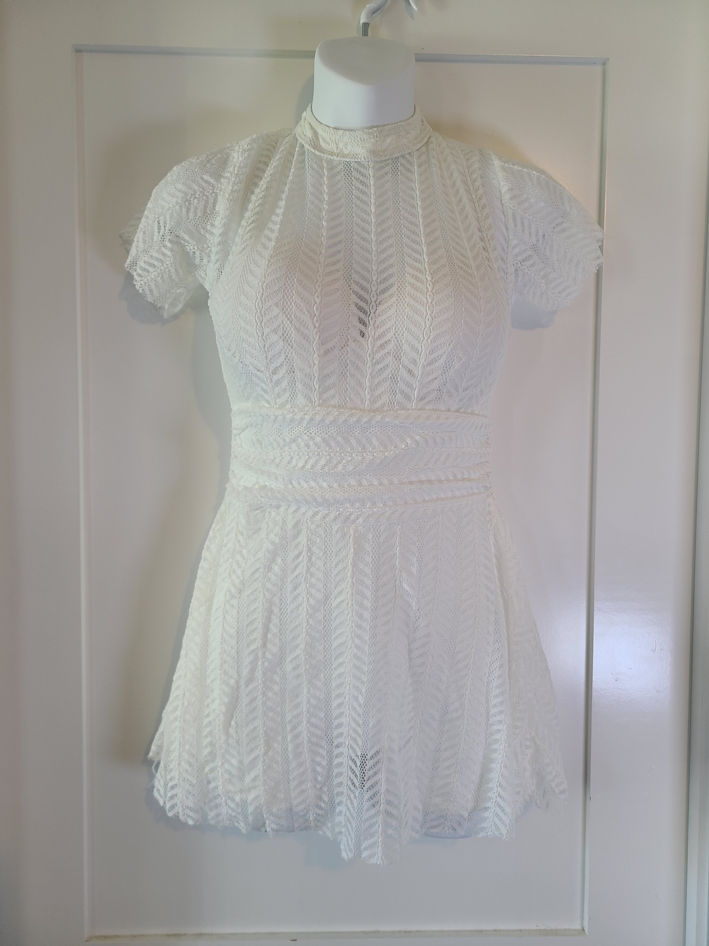 White Lace Fit-and-Flare Romper with High Neck And Built In Bra